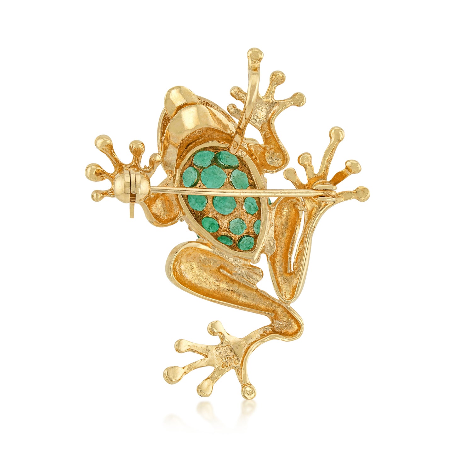 1980s 14KT Yellow Gold Emerald & Diamond Frog Brooch back