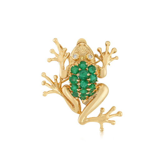 1980s 14KT Yellow Gold Emerald & Diamond Frog Brooch front