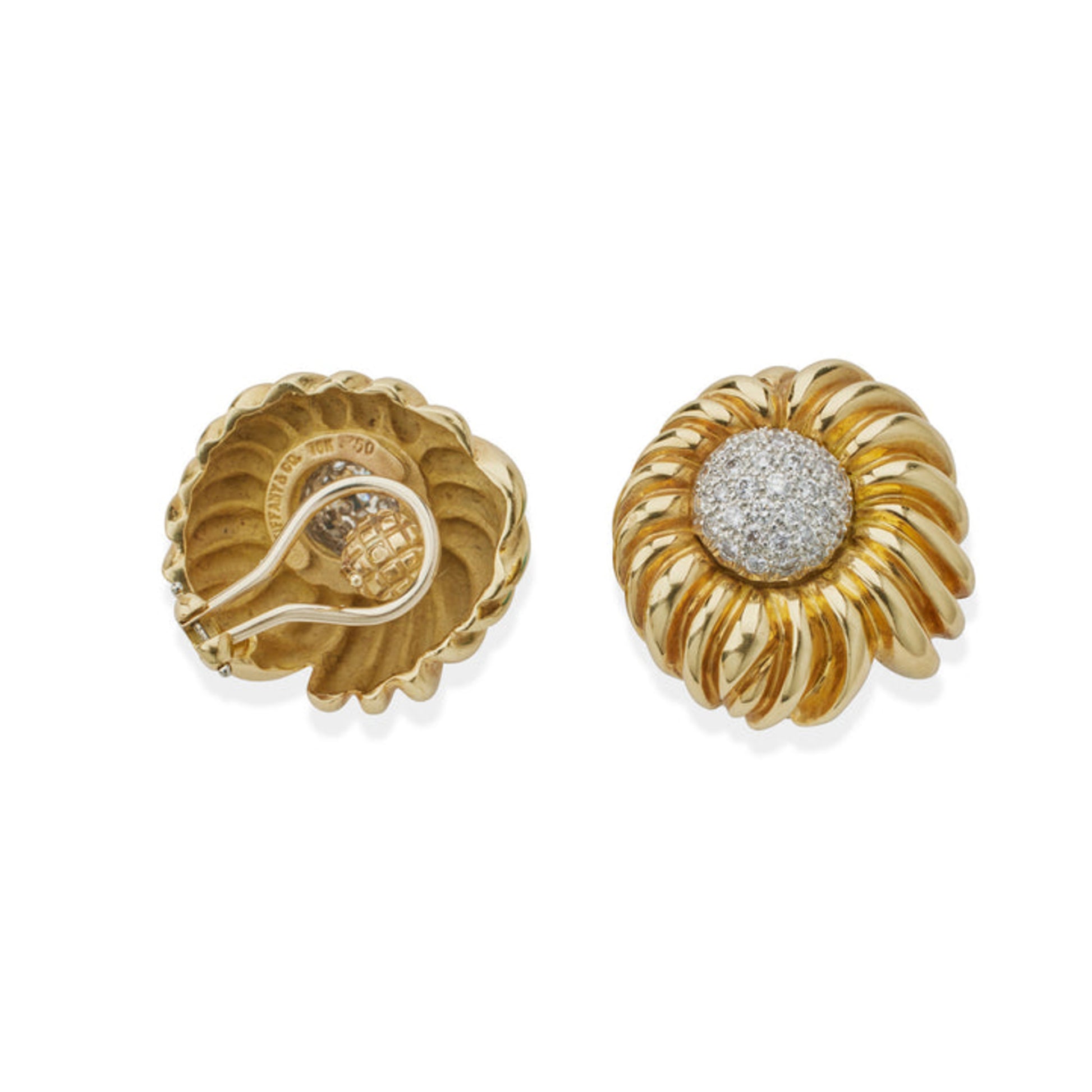 Tiffany & Co. 1970s Platinum & 18KT Yellow Gold Diamond Flower Earrings back and front