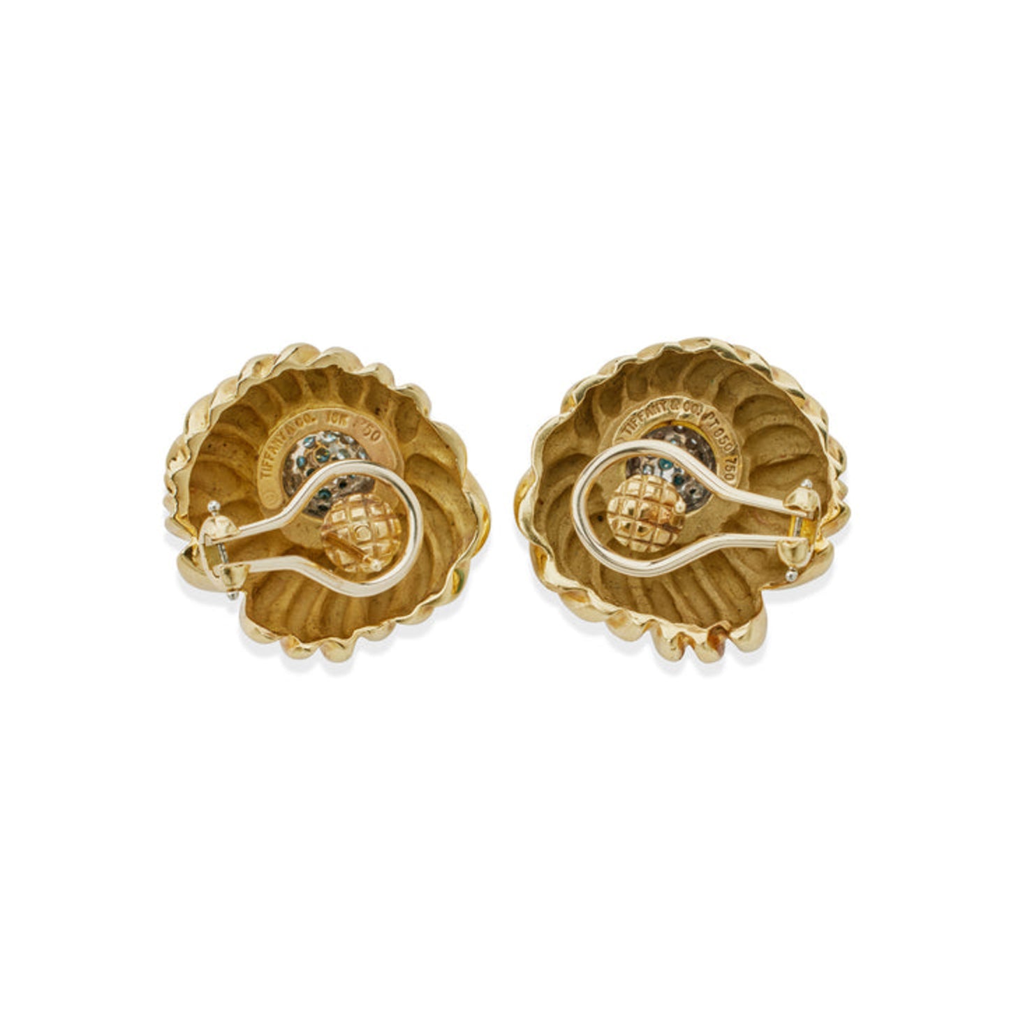 Tiffany & Co. 1970s Platinum & 18KT Yellow Gold Diamond Flower Earrings back and signature