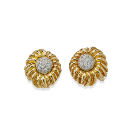 Tiffany & Co. 1970s Platinum & 18KT Yellow Gold Diamond Flower Earrings front