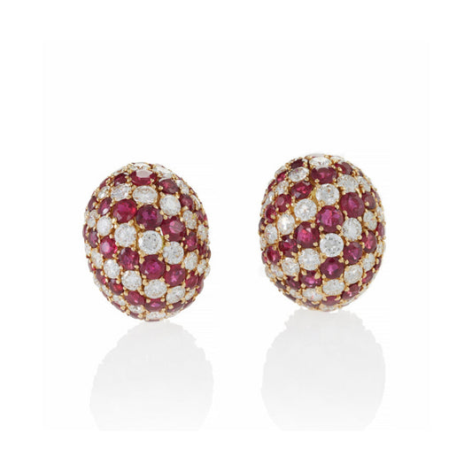 Yanes Madrid 1980s 18KT Yellow Gold Diamond & Ruby Bombé Earrings front