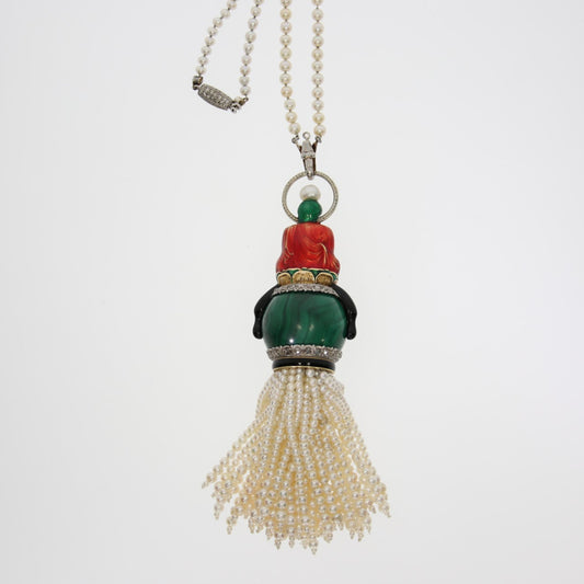 Sasportas Art Deco 18KT Yellow Gold Natural Pearl, Diamond, Enamel & Malachite Buddha Pendant Necklace back