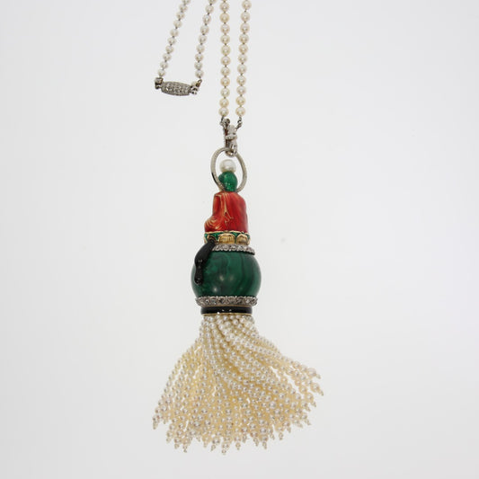 Sasportas Art Deco 18KT Yellow Gold Natural Pearl, Diamond, Enamel & Malachite Buddha Pendant Necklace side