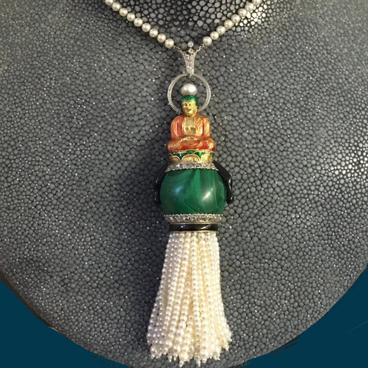 Sasportas Art Deco 18KT Yellow Gold Natural Pearl, Diamond, Enamel & Malachite Buddha Pendant Necklace front