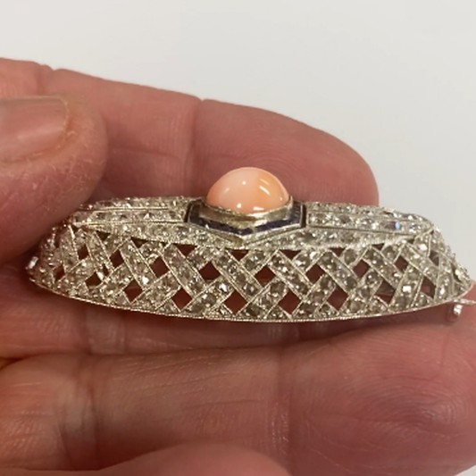 Art Deco Platinum Diamond, Coral & Sapphire Brooch side