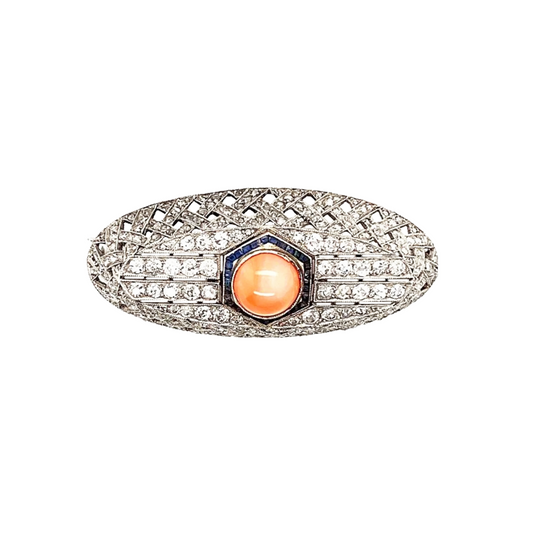 Art Deco Platinum Diamond, Coral & Sapphire Brooch front