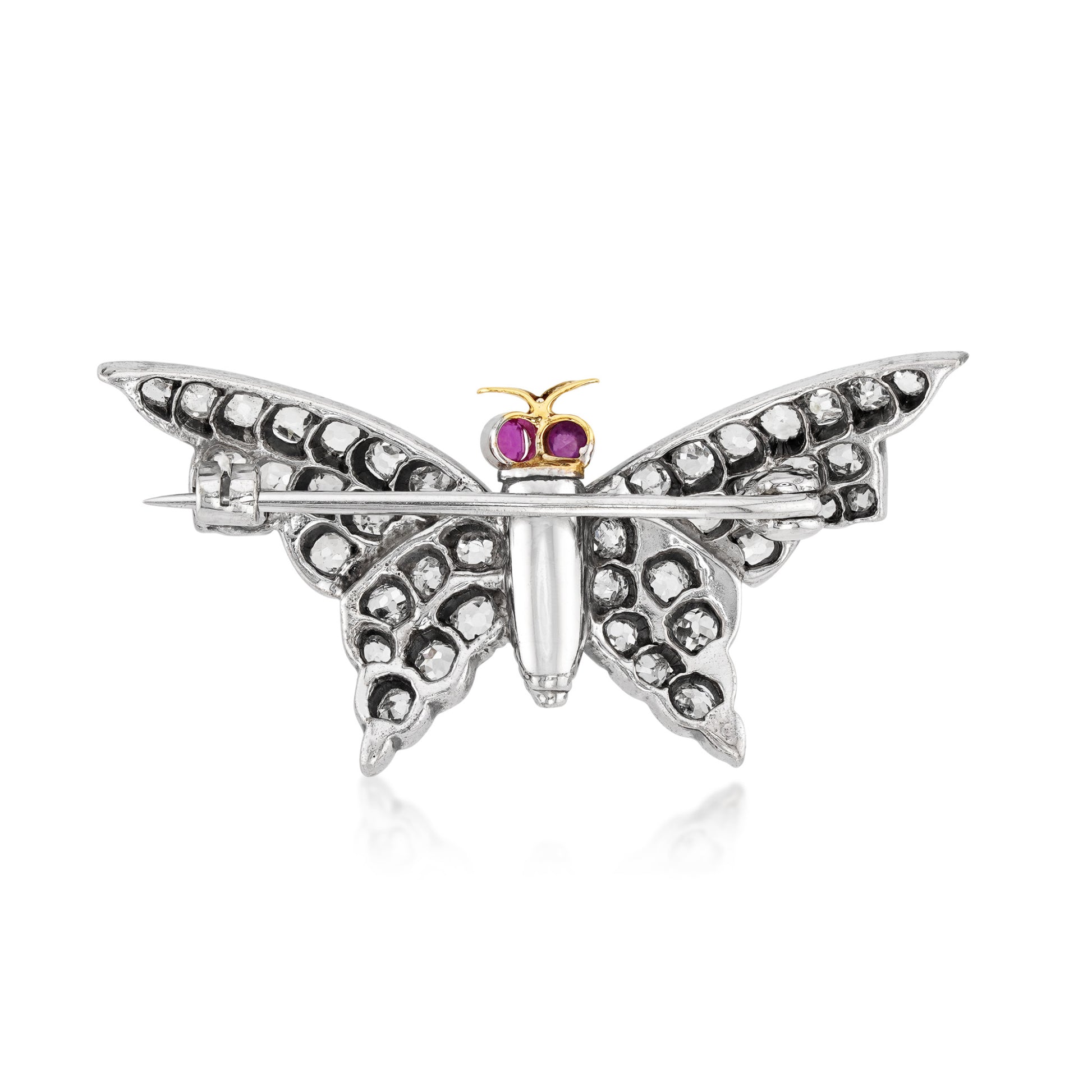 1980s Silver & 14KT Yellow Gold Diamond & Ruby Moth Brooch back