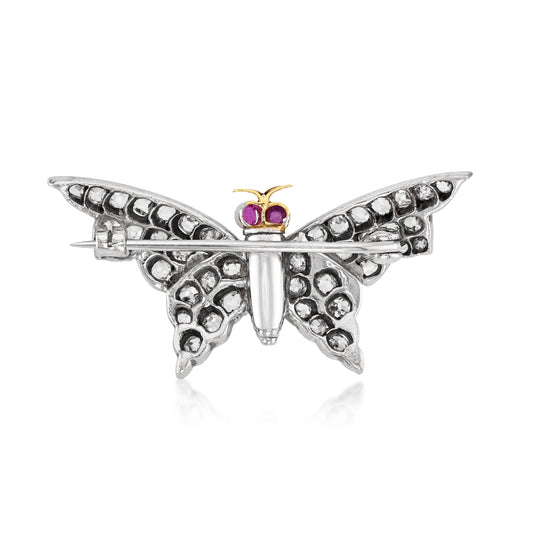 1980s Silver & 14KT Yellow Gold Diamond & Ruby Moth Brooch back