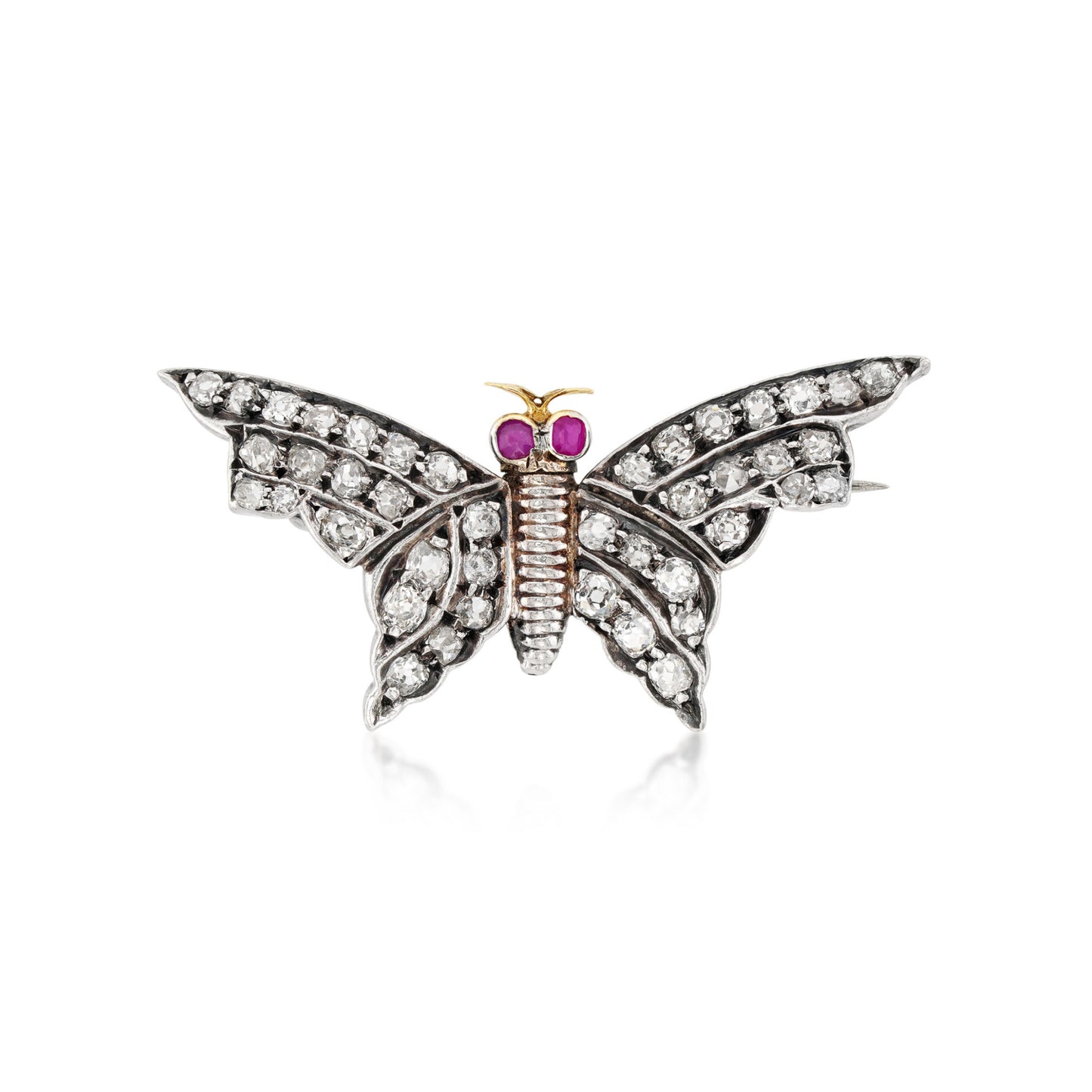 1980s Silver & 14KT Yellow Gold Diamond & Ruby Moth Brooch front