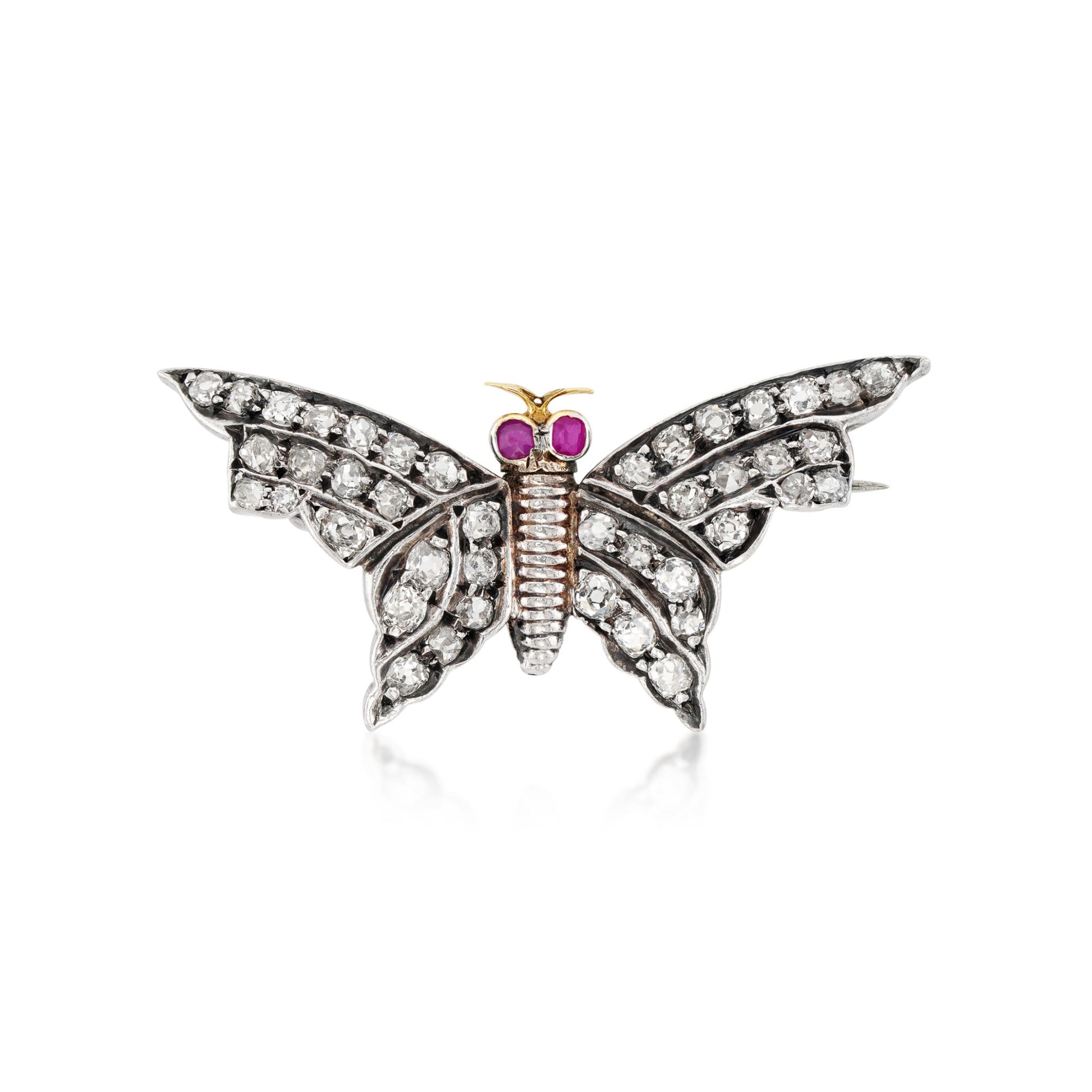 1980s Silver & 14KT Yellow Gold Diamond & Ruby Moth Brooch front