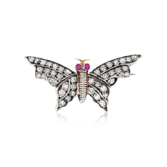 1980s Silver & 14KT Yellow Gold Diamond & Ruby Moth Brooch front