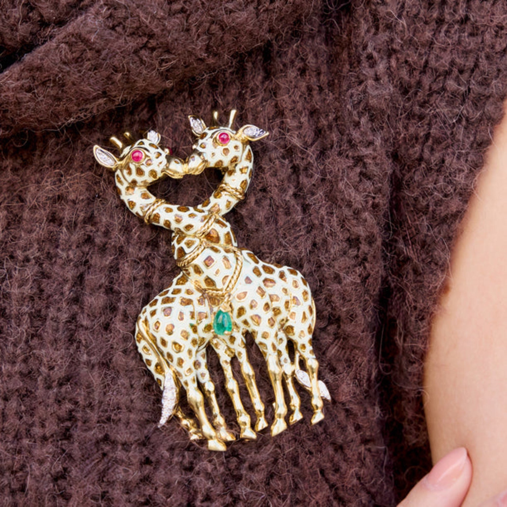 David Webb 1980s 18KT Yellow Gold Diamond, Emerald, Enamel & Ruby Giraffe Brooch on blouse