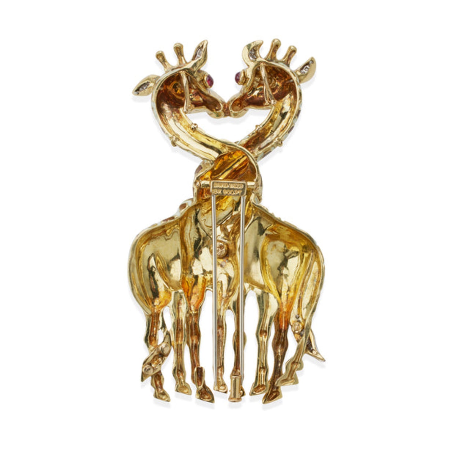 David Webb 1980s 18KT Yellow Gold Diamond, Emerald, Enamel & Ruby Giraffe Brooch back