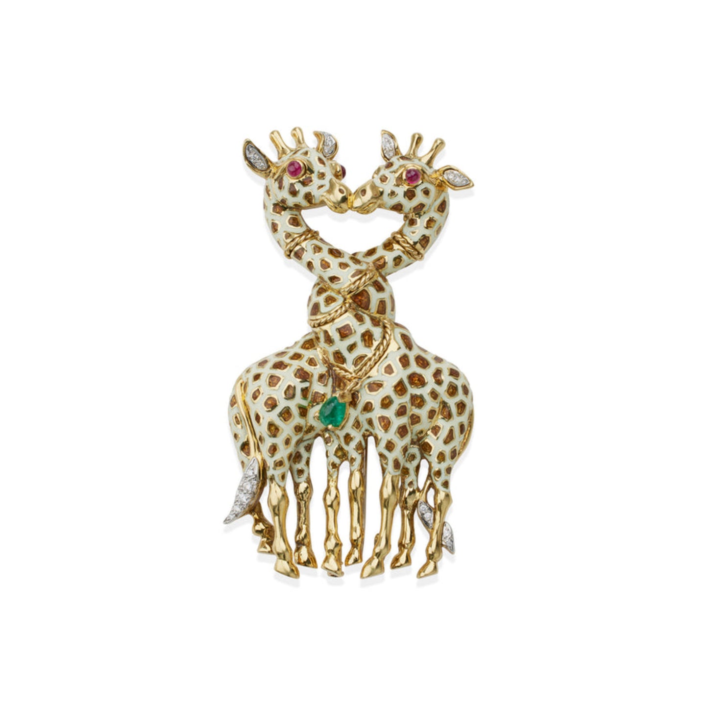 David Webb 1980s 18KT Yellow Gold Diamond, Emerald, Enamel & Ruby Giraffe Brooch front