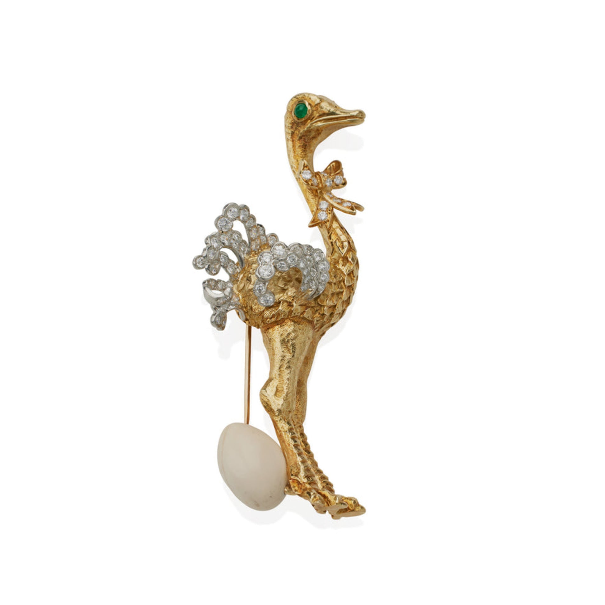 Tiffany & Co. 1970s Platinum & 18KT Yellow Gold Diamond & Emerald Ostrich Brooch front