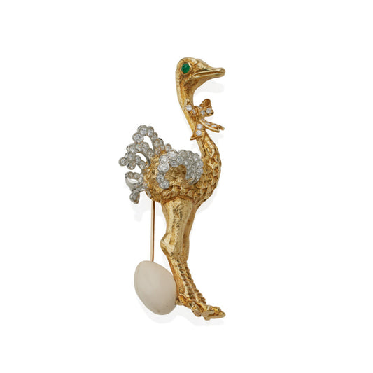 Tiffany & Co. 1970s Platinum & 18KT Yellow Gold Diamond & Emerald Ostrich Brooch front