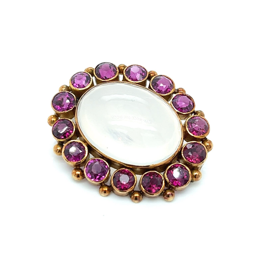 1980s 18KT Yellow Gold Moonstone & Sapphire Brooch front