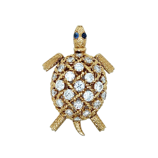 Cartier Paris 1960s 18KT Yellow Gold Diamond & Sapphire Turtle Brooch top