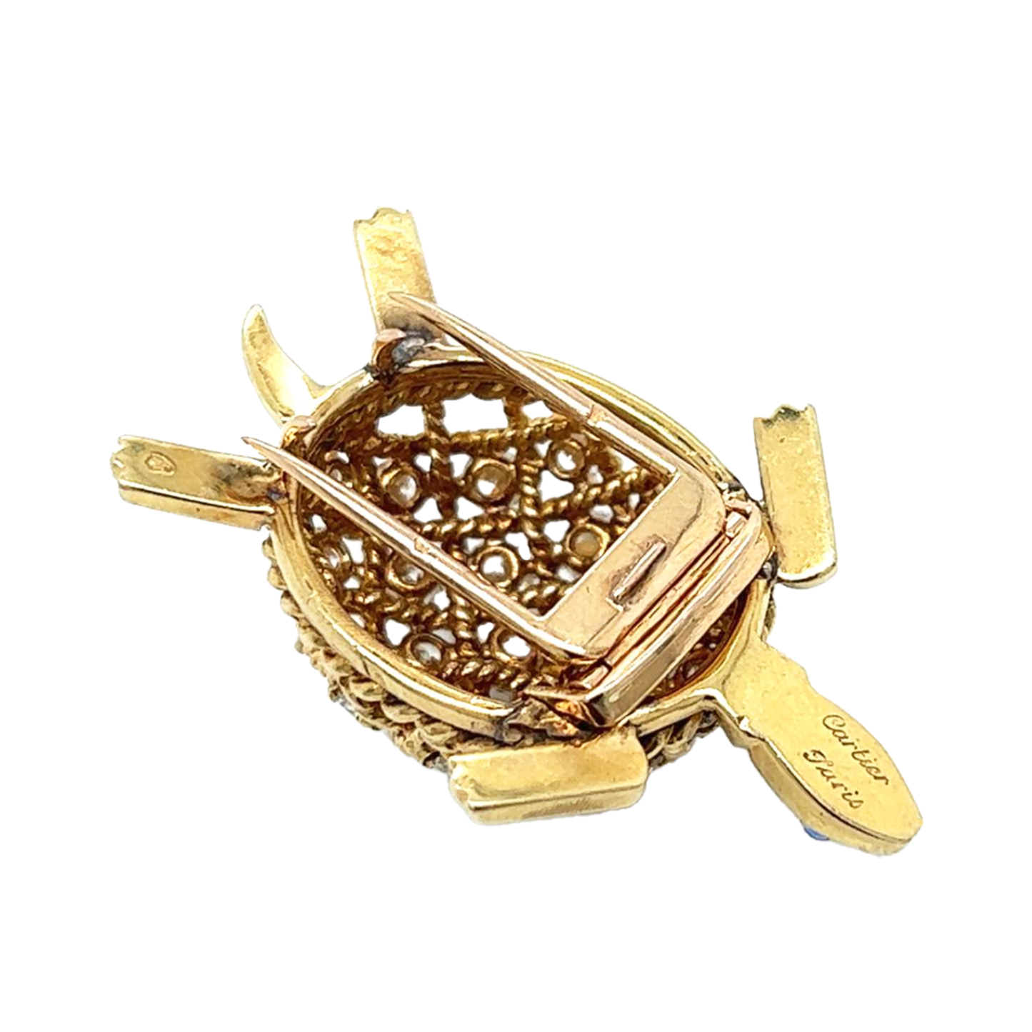 Cartier Paris 1960s 18KT Yellow Gold Diamond & Sapphire Turtle Brooch signature