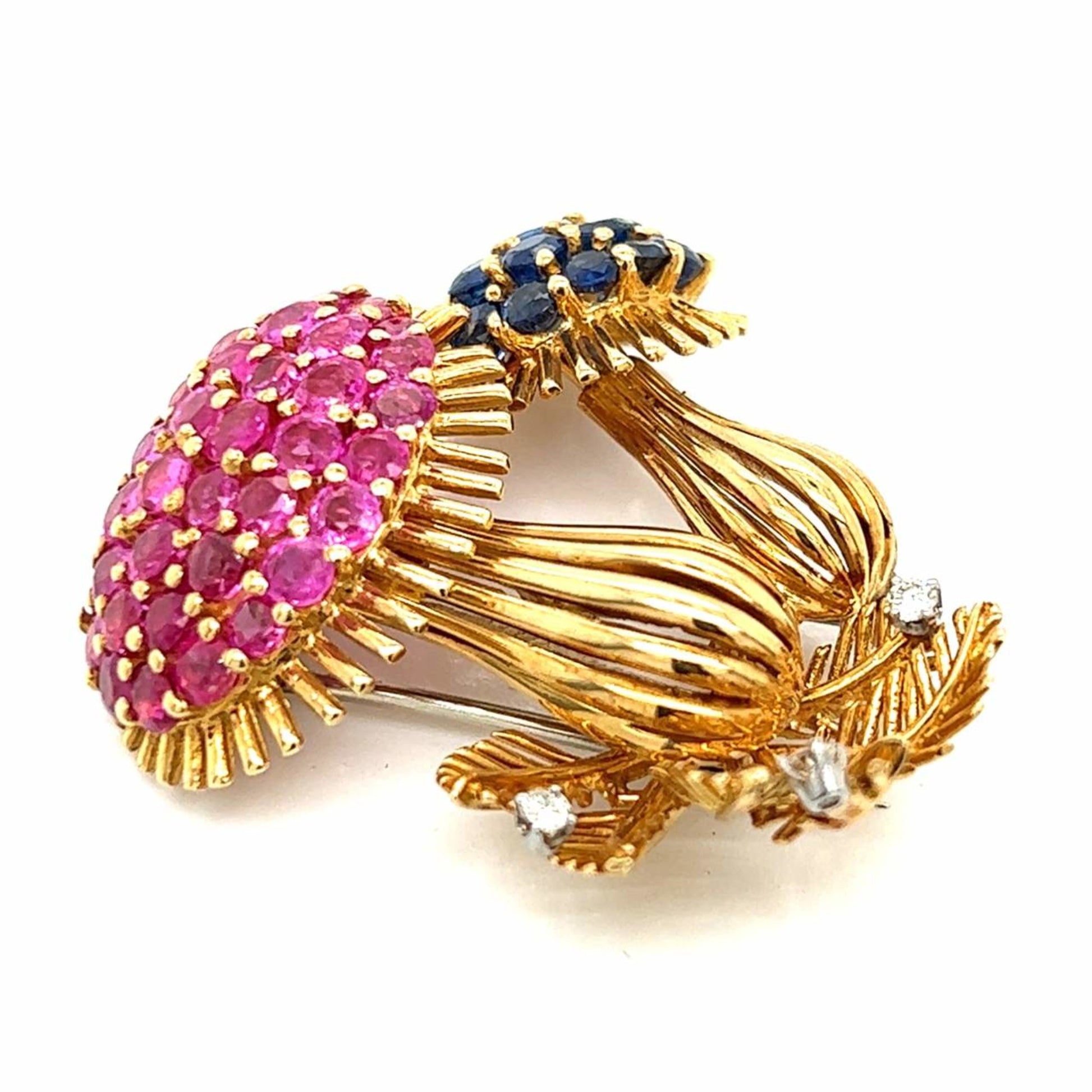 1980s 18KT Yellow Gold Ruby, Diamond & Sapphire Mushroom Brooch side