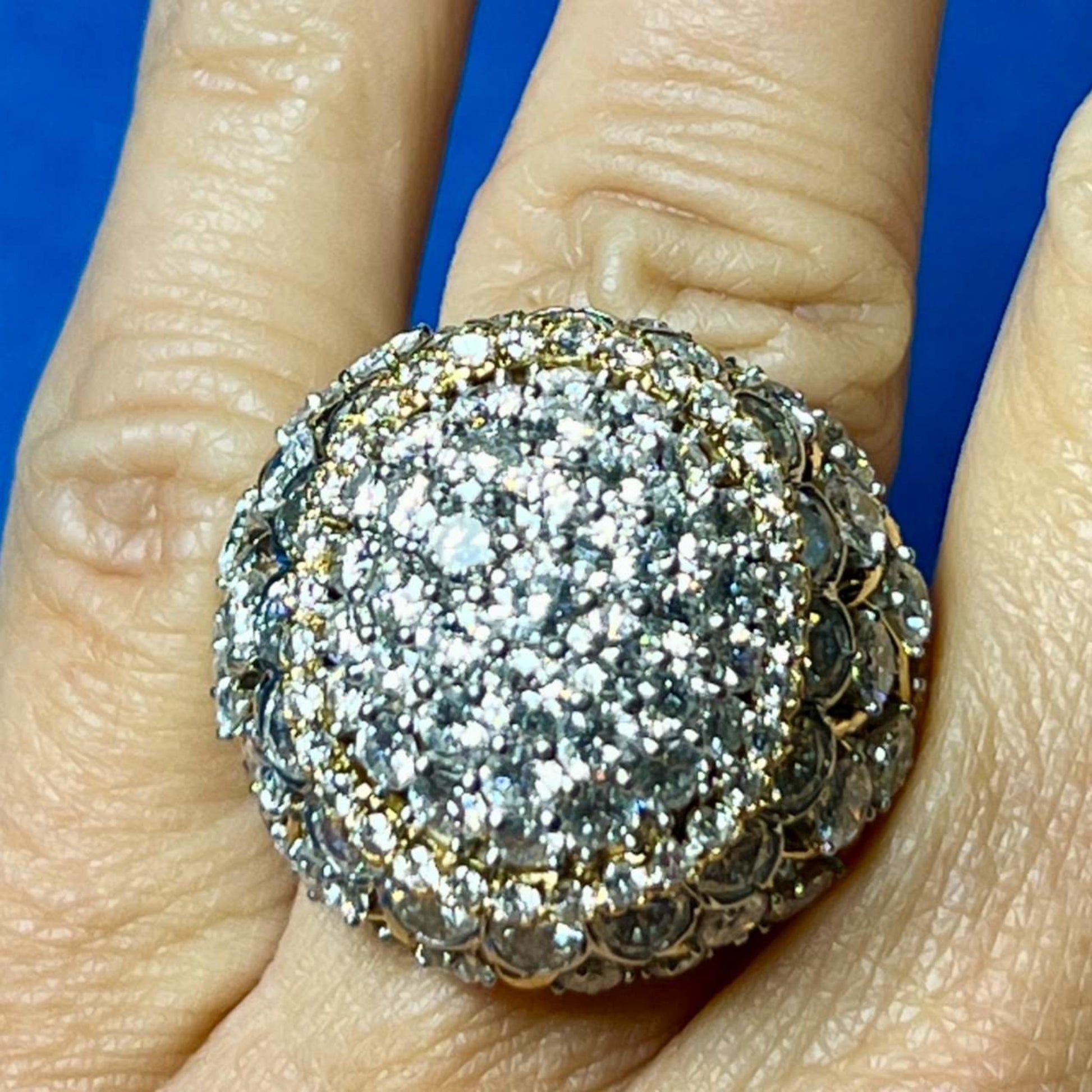 David Webb 1980s Platinum & 18KT Yellow Gold Diamond Ring on finger