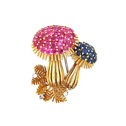 1980s 18KT Yellow Gold Ruby, Diamond & Sapphire Mushroom Brooch front