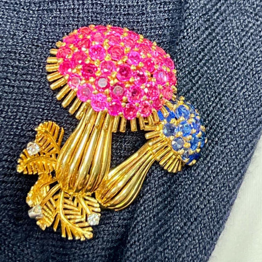 1980s 18KT Yellow Gold Ruby, Diamond & Sapphire Mushroom Brooch on blouse