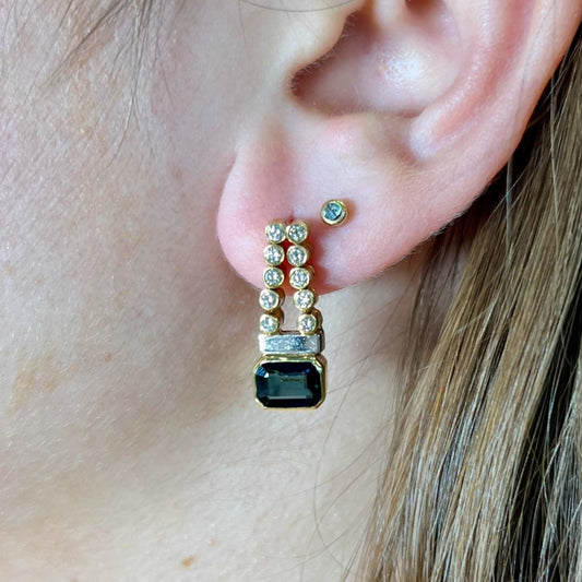 Post-1980s 18KT Yellow Gold Sapphire & Diamond Earrings on ear 