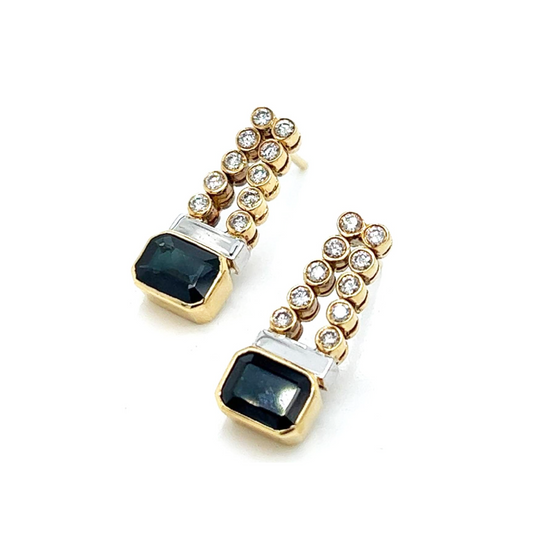 Post-1980s 18KT Yellow Gold Sapphire & Diamond Earrings front