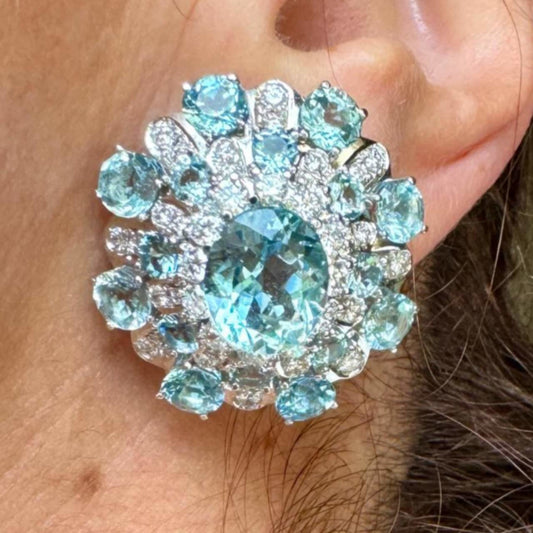 1960s 18KT White Gold Diamond & Aquamarine Earrings on ear