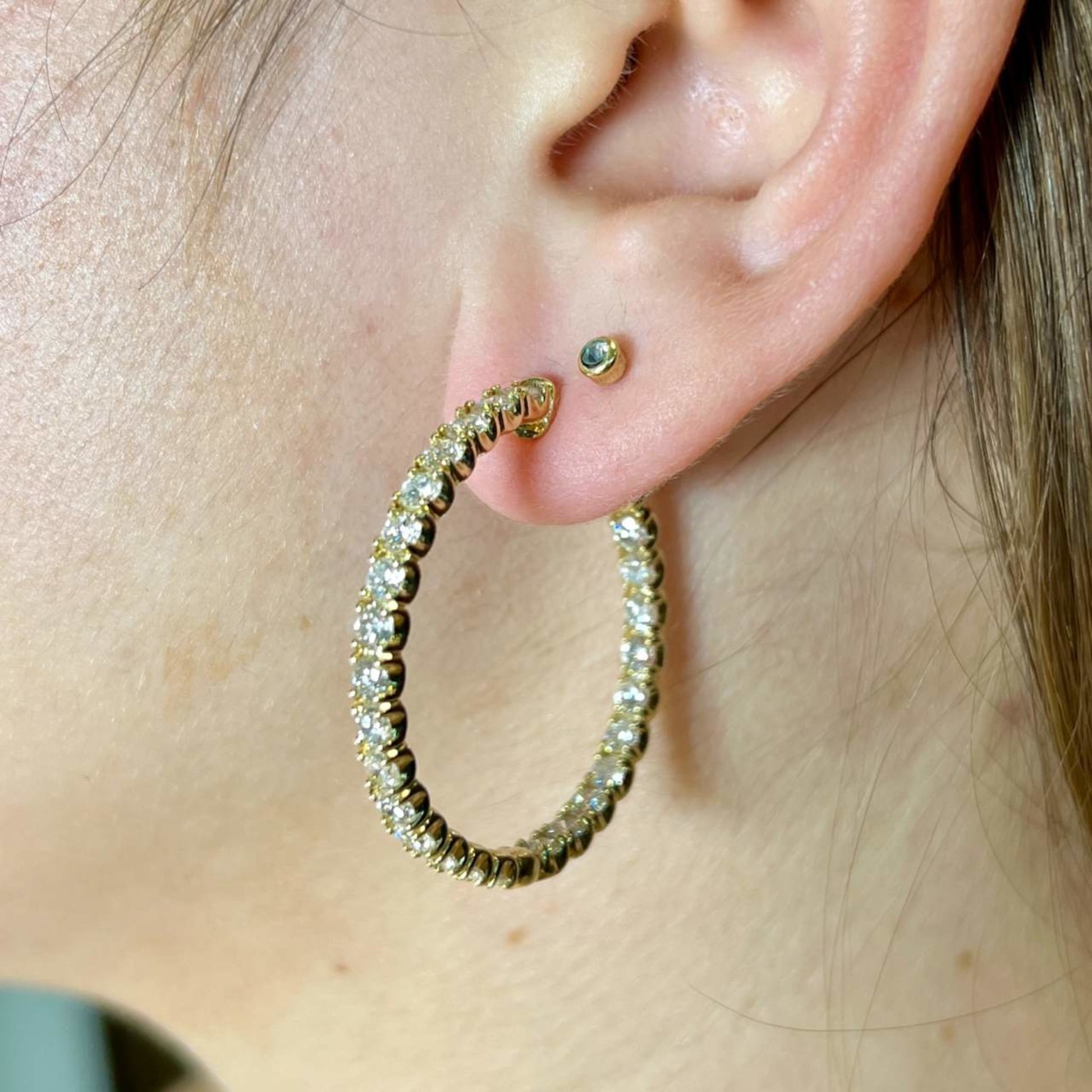 Post-1980s 14KT Yellow Gold Diamond Hoop Earrings on ear