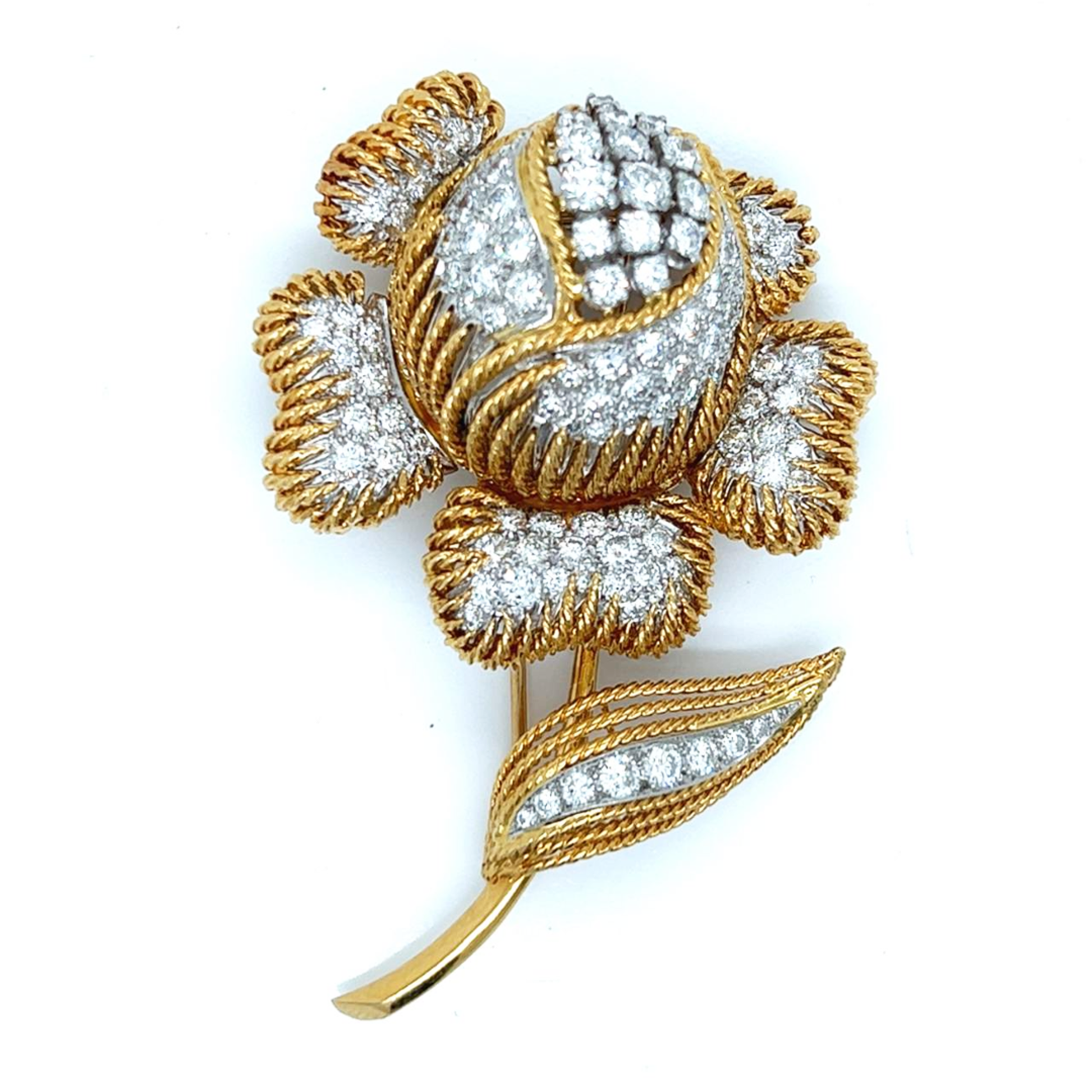 1980s Platinum & 18KT Yellow Gold Diamond Flower Brooch front