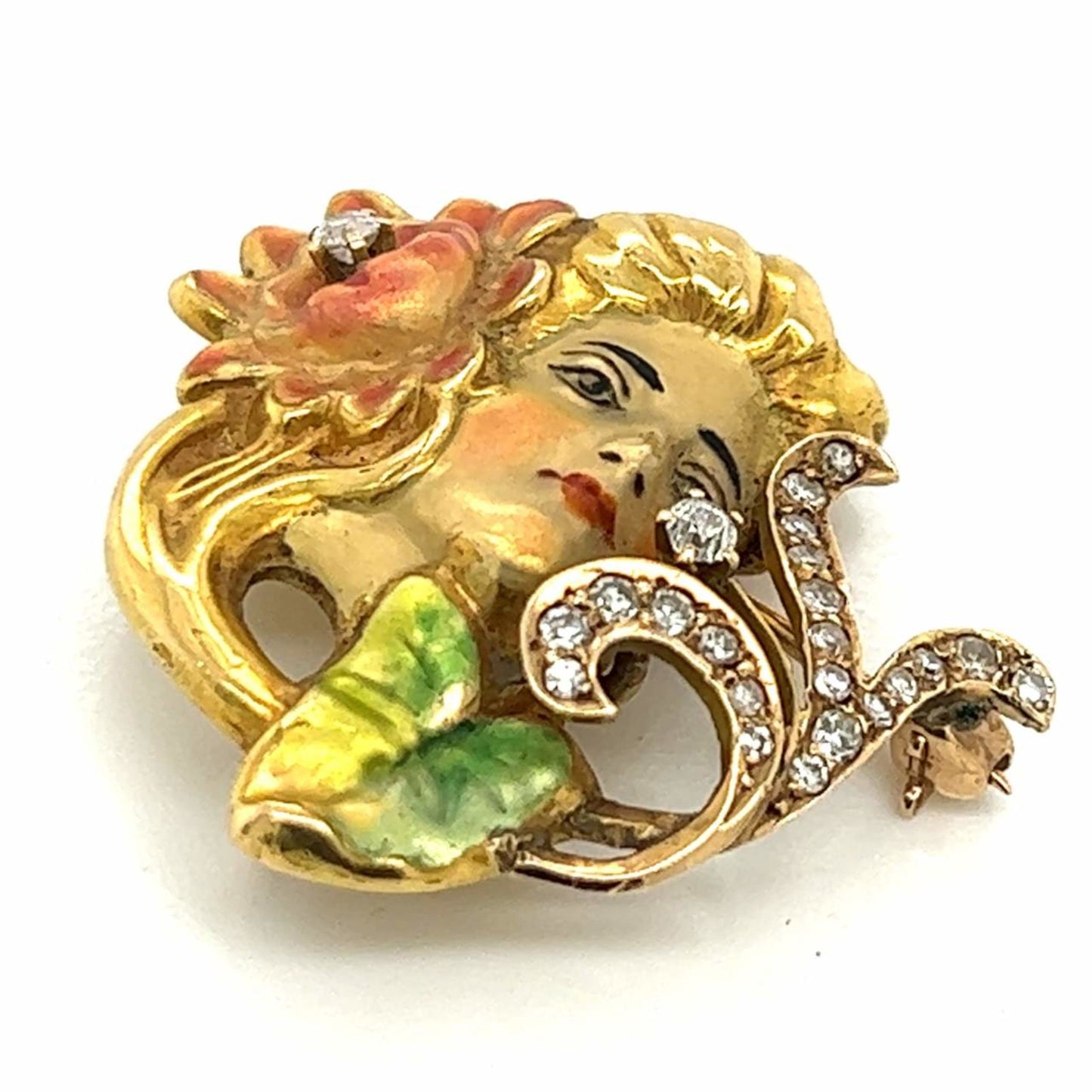 Art Nouveau 14KT Yellow Gold Diamond & Enamel Brooch side