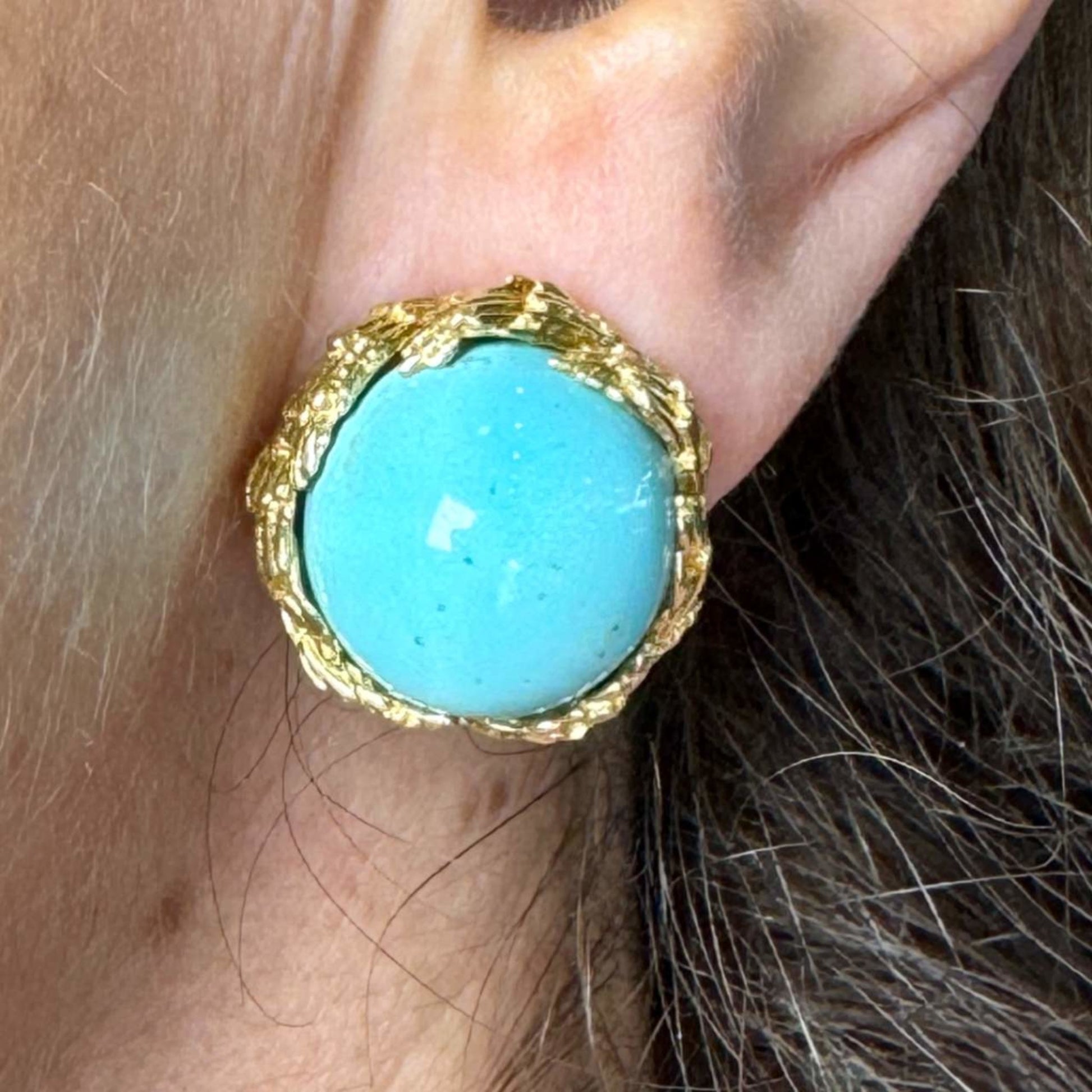 1960s 18KT Yellow Gold Turquoise Earrings on ear