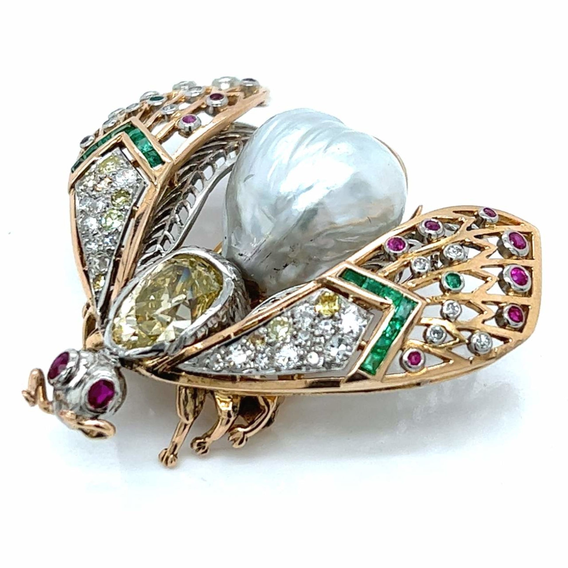 Antique Platinum & 18KT Yellow Gold Natural Pearl, Diamond, Emerald & Ruby Bug Brooch side