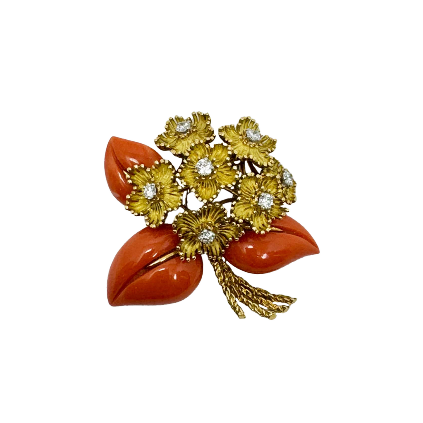 French 1980s 18KT Yellow Gold Diamond & Coral Brooch front