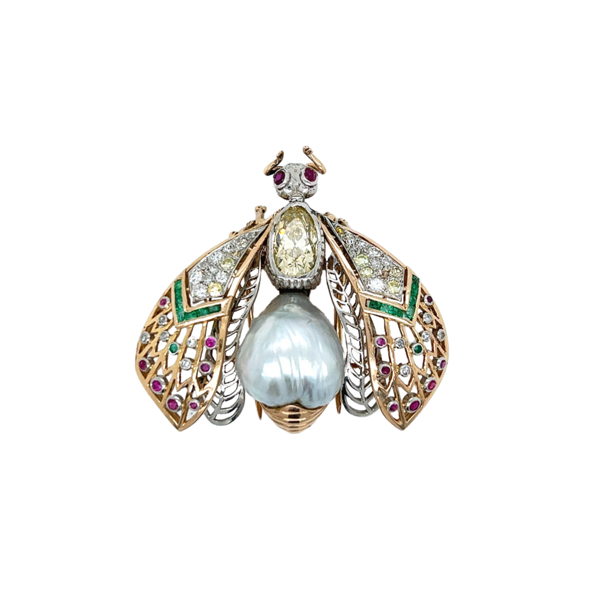 Antique Platinum & 18KT Yellow Gold Natural Pearl, Diamond, Emerald & Ruby Bug Brooch front