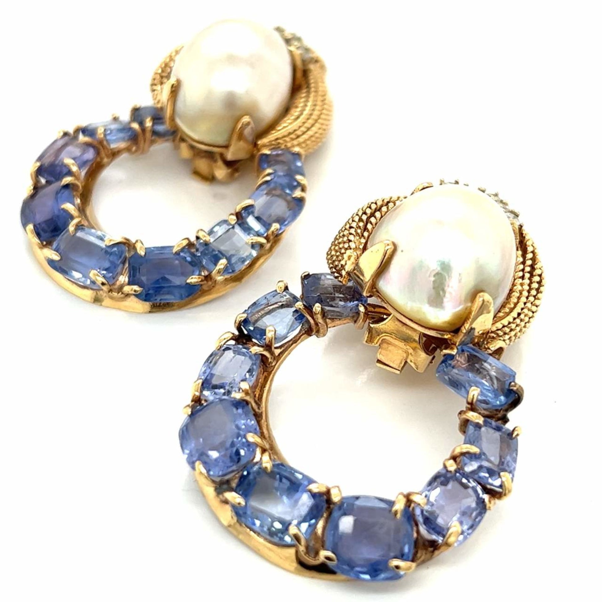 1980s 14KT Yellow Gold Sapphire, Diamond & Cultured Pearl Earrings front