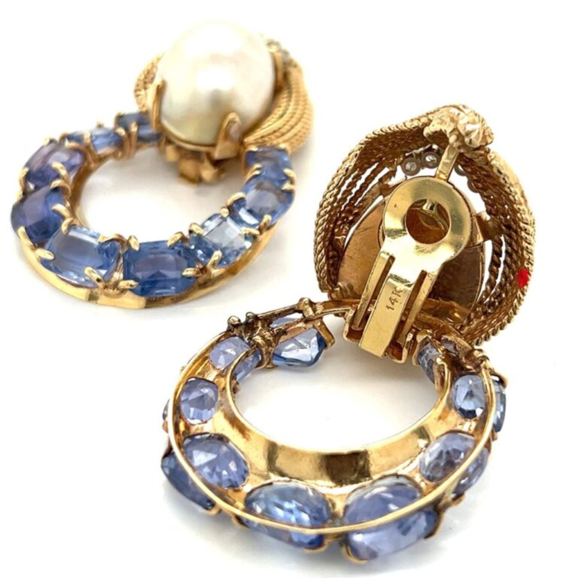 1980s 14KT Yellow Gold Sapphire, Diamond & Cultured Pearl Earrings back
