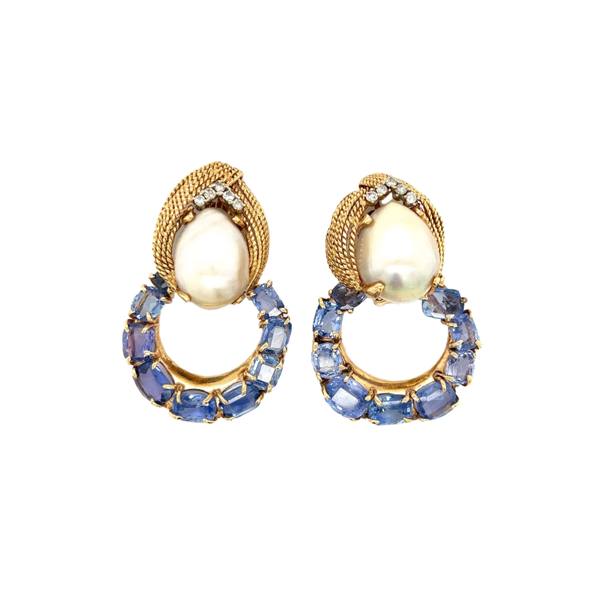 1980s 14KT Yellow Gold Sapphire, Diamond & Cultured Pearl Earrings front
