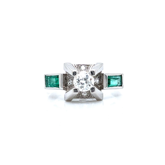 Art Deco Platinum Emerald & Diamond Ring front