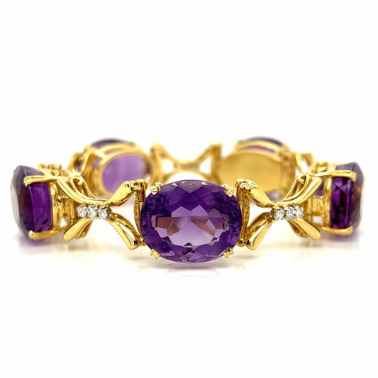 Post-1980s 18KT Yellow Gold Amethyst & Diamond Bracelet front