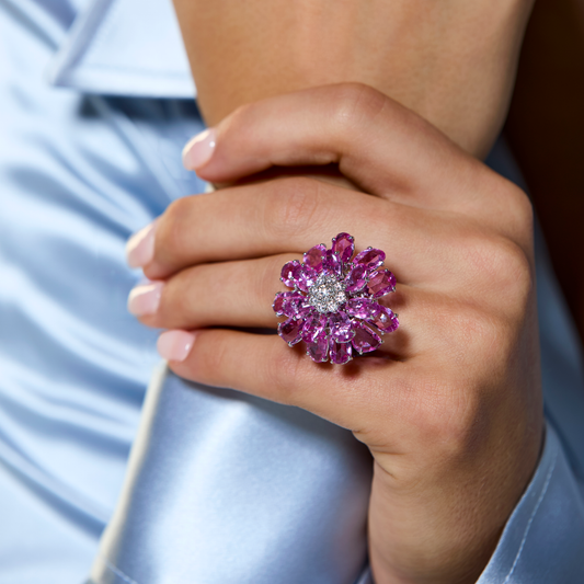 Moussaieff Post-1980s 18KT White Gold Sapphire & Diamond Flower Ring on finger