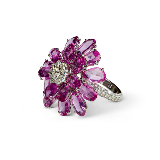 Moussaieff Post-1980s 18KT White Gold Sapphire & Diamond Flower Ring side