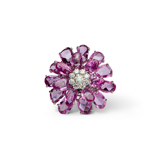 Moussaieff Post-1980s 18KT White Gold Sapphire & Diamond Flower Ring front