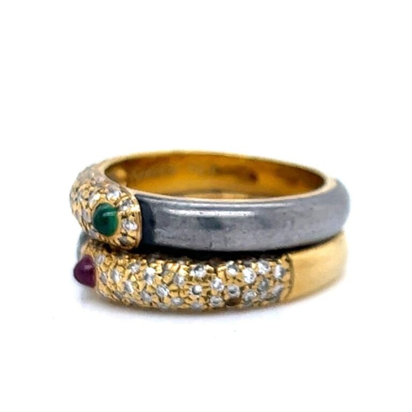 Faraone 1980s 18KT Yellow Gold Emerald, Diamond & Ruby Ring side