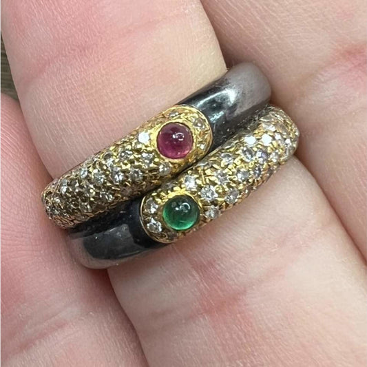 Faraone 1980s 18KT Yellow Gold Emerald, Diamond & Ruby Ring on finger