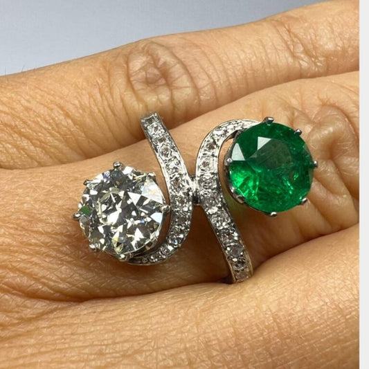 Art Deco 18KT White Gold & Platinum Diamond & Emerald Ring on finger