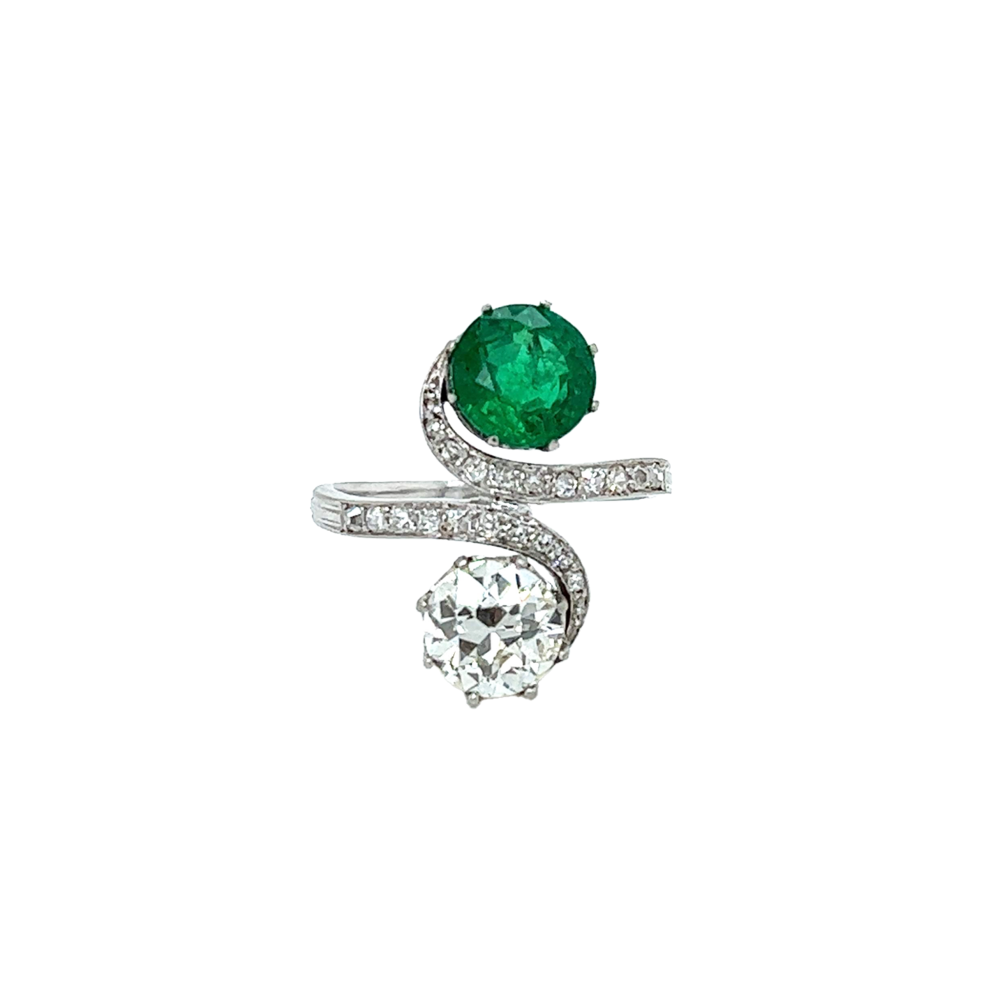 Art Deco 18KT White Gold & Platinum Diamond & Emerald Ring front